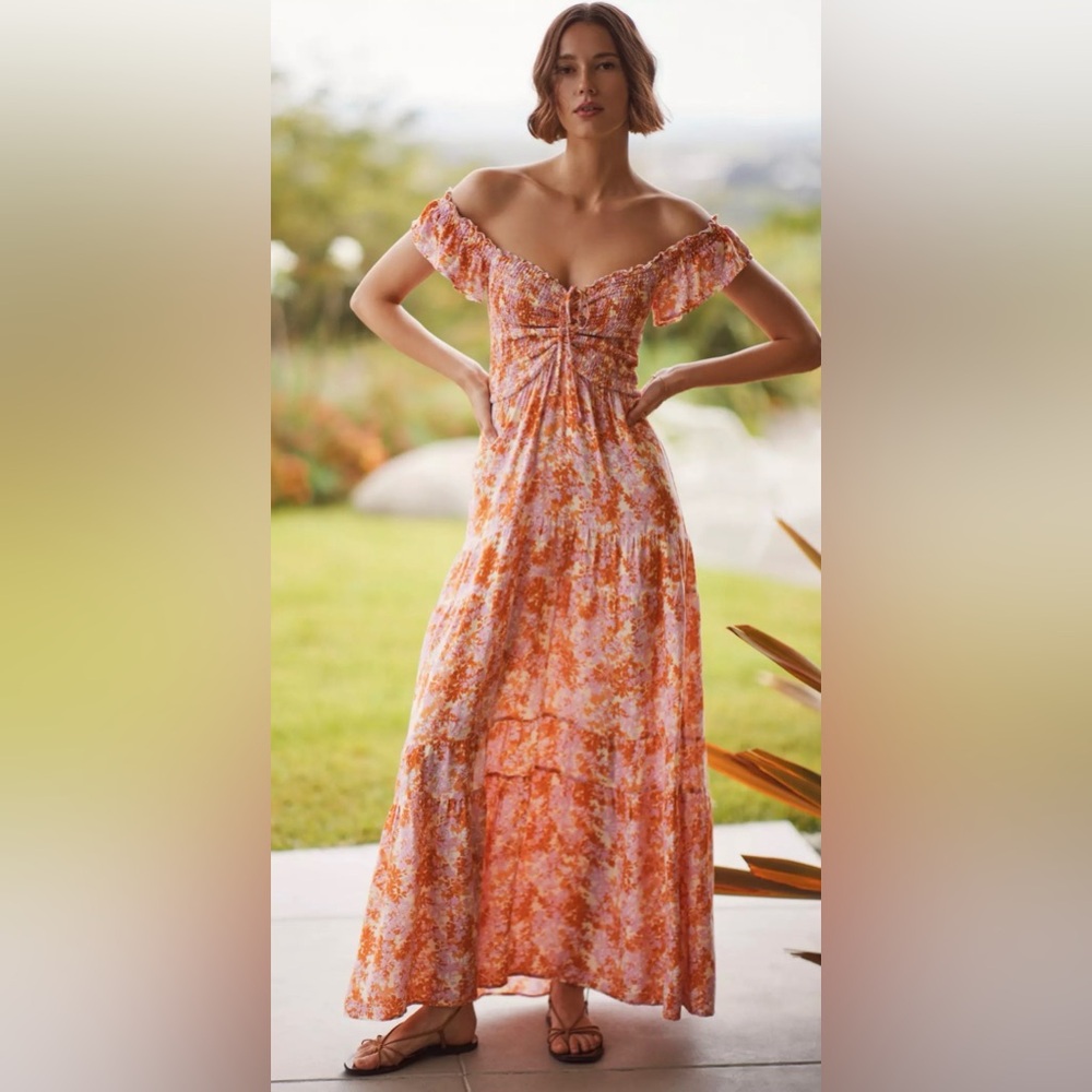 l*space Orange and White Off-Shoulder Floral Maxi Dress